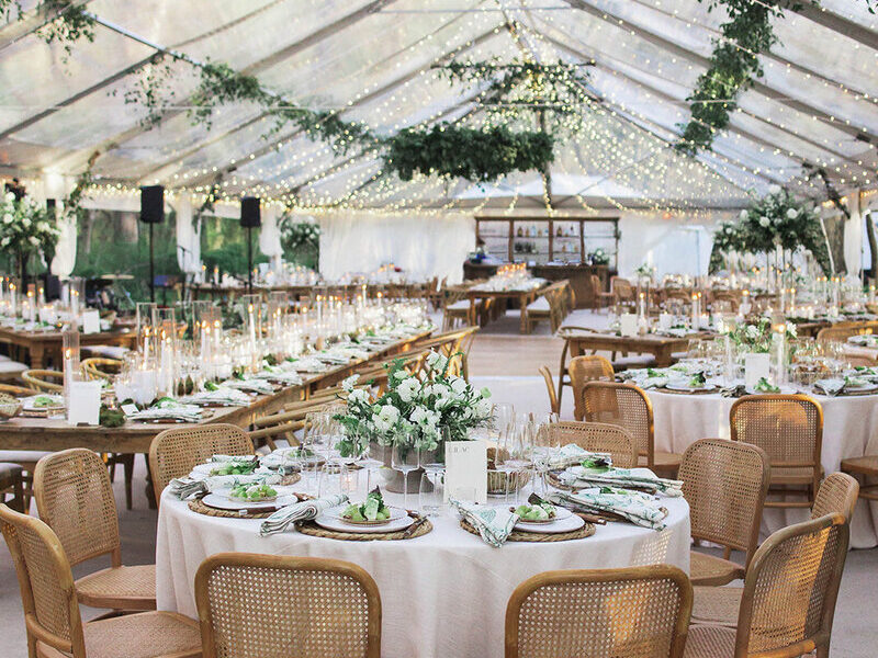 Photo by Vida events a VA wedding planner of a tented reception with tables adorned with white linen, florals,  glassware and ceiling with soft sheer fabric and string lights.