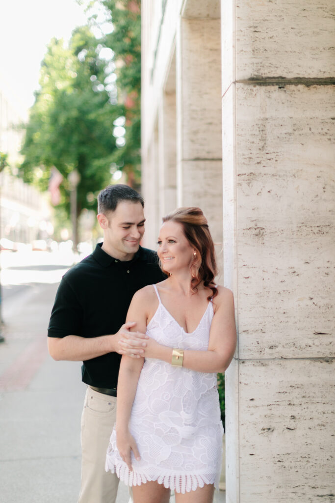 Couple posing during summer for their engagement pictures in roanoke virginia