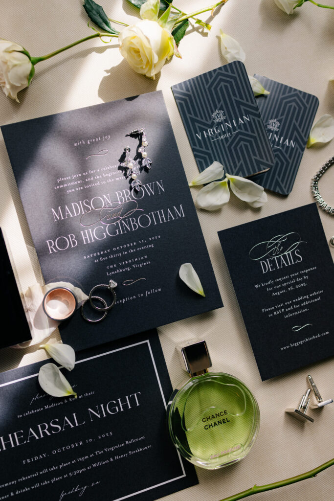 Elegant black tie wedding invitation suite photographed at The Virginian Hotel in Lynchburg, Virginia, featuring custom stationery and bridal details.