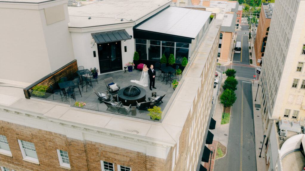 Drone shot of Bride approaching groom during an intimate first look at The Virginian Hotel wedding in Lynchburg, VA