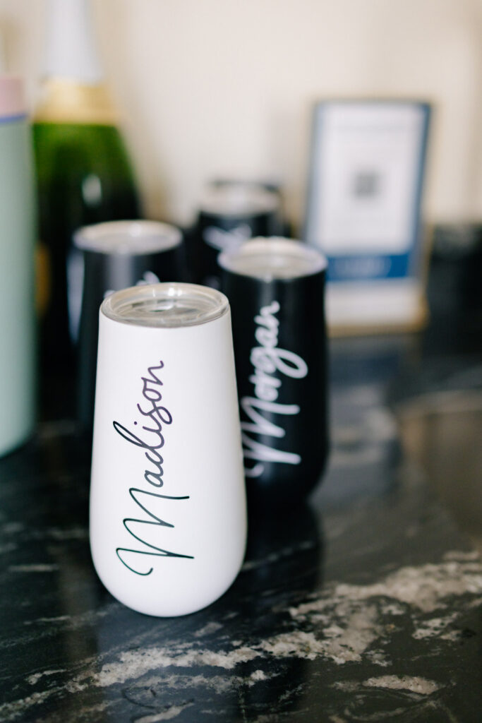 custom designed bridal glasses, cups black and white