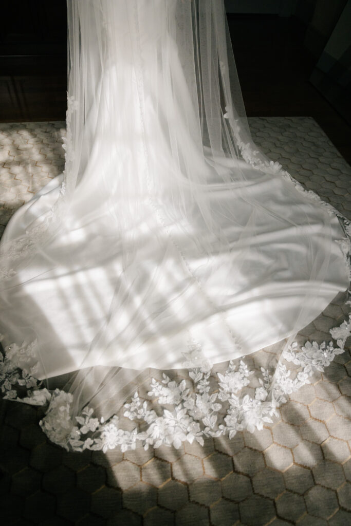 Wedding dress and veil styled in the bridal suite at The Virginian Hotel wedding in Lynchburg, Virginia.
