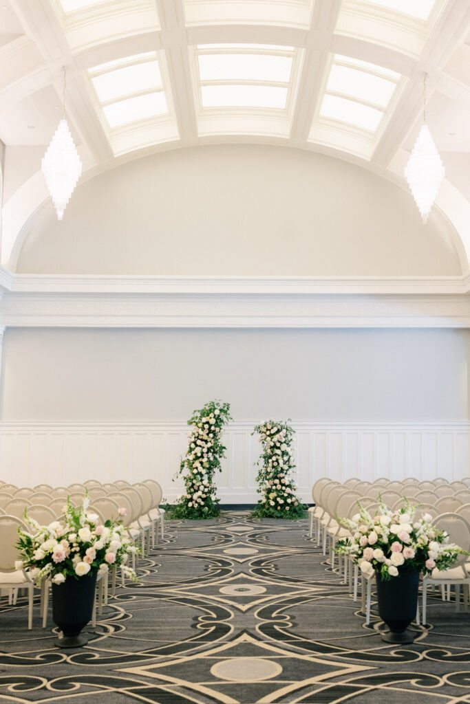 Flower arch prior to ceremony at the virginian hotel in lynchburg va